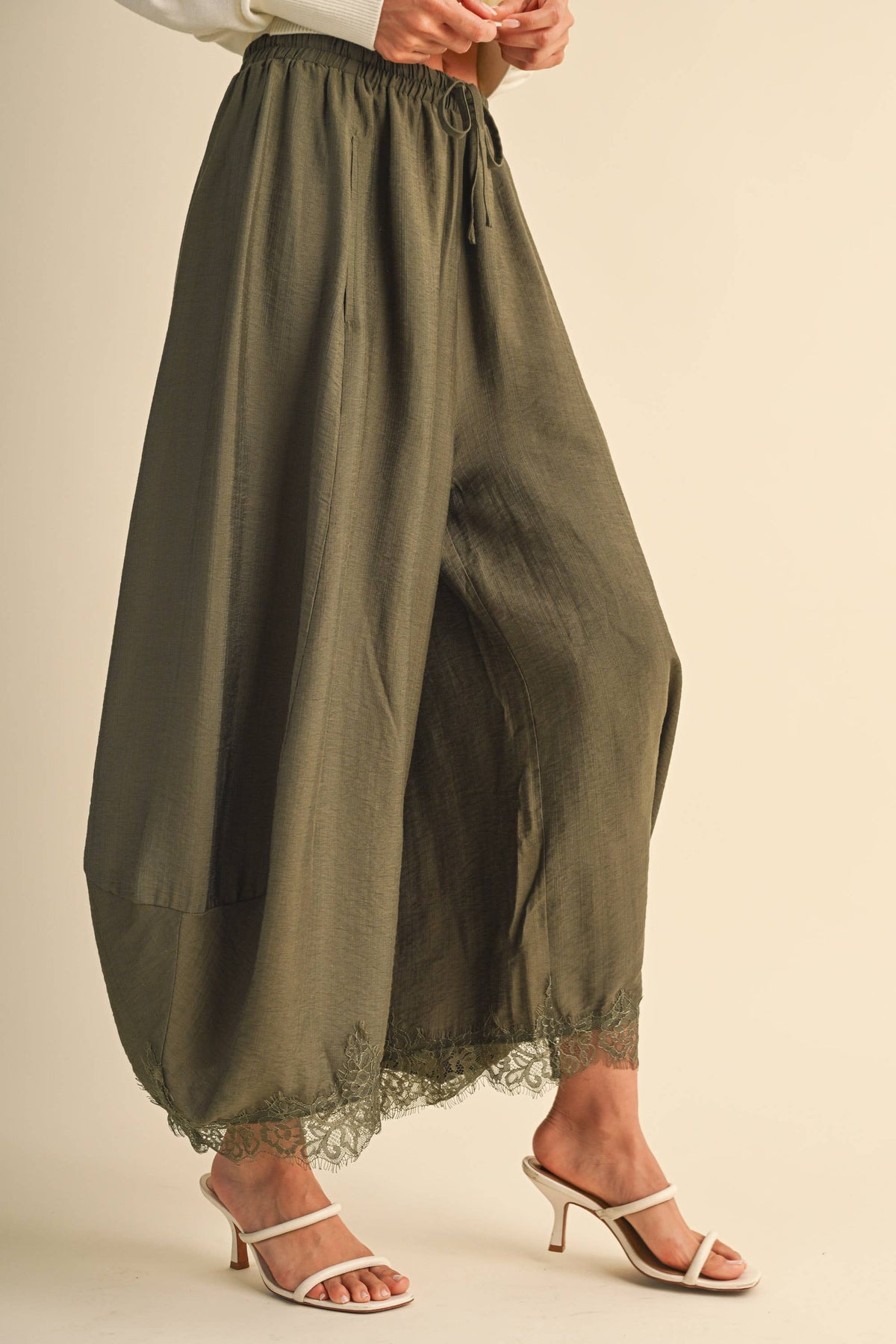 Lace Trim Barrel Pants | Olive