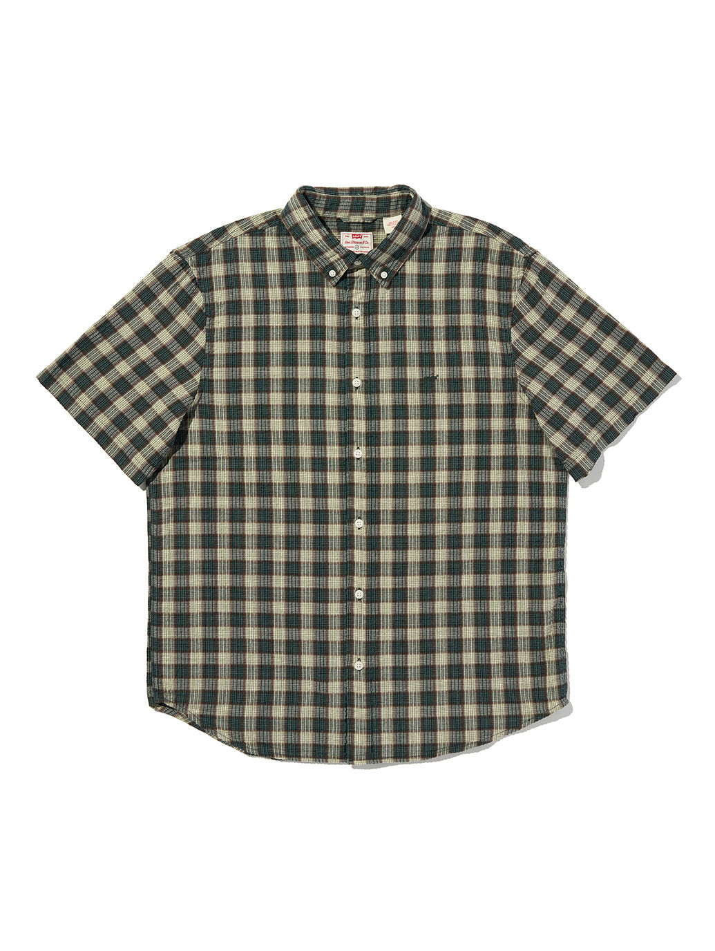 Short-Sleeve Authentic Button-Down Shirt | Xavier Plaid Ponderosa Pine — front flat-lay with complete hem margin