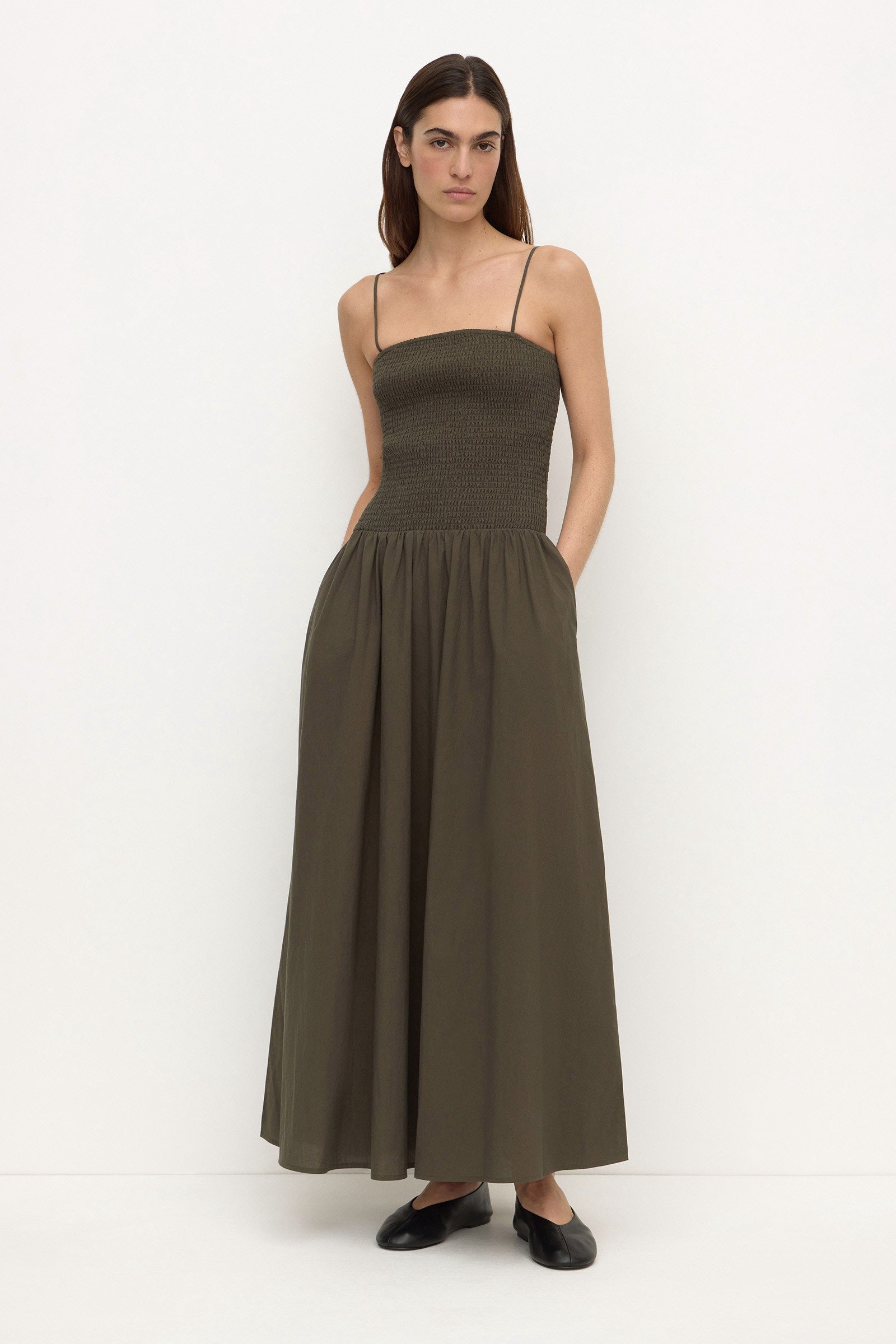 Assembly Label Connie Cotton Shirred Dress in Dark Military