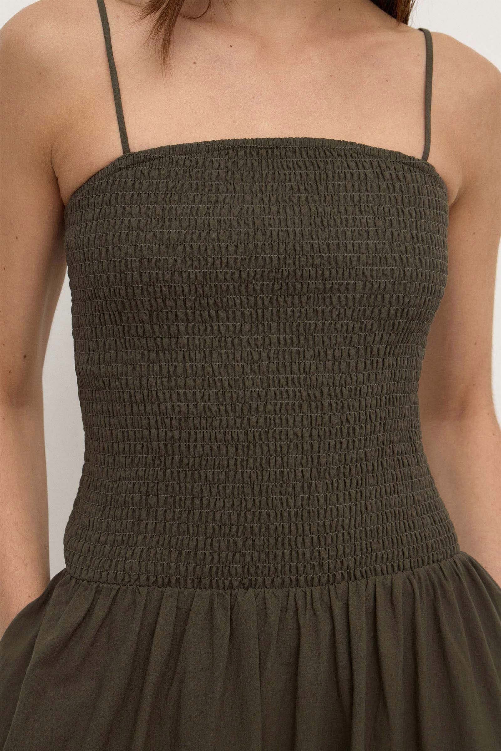 Assembly Label Connie Cotton Shirred Dress in Dark Military