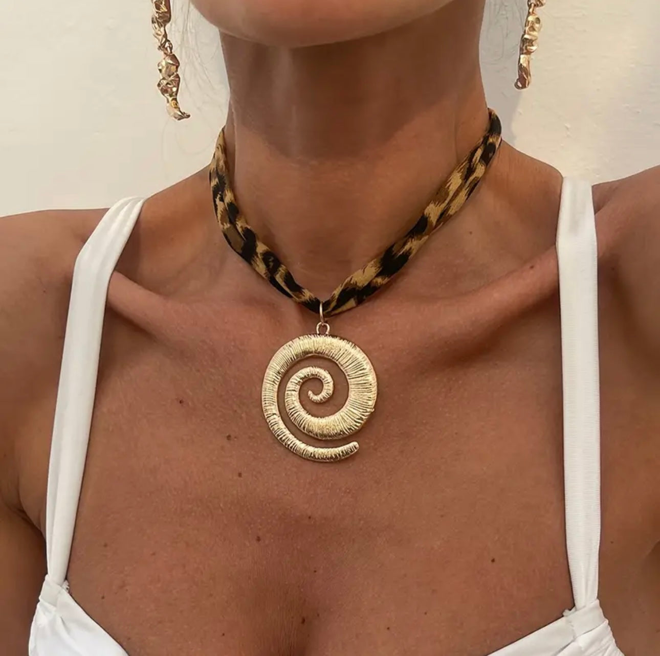 Leopard Ribbon Necklace | Spiral Shell Pendant
