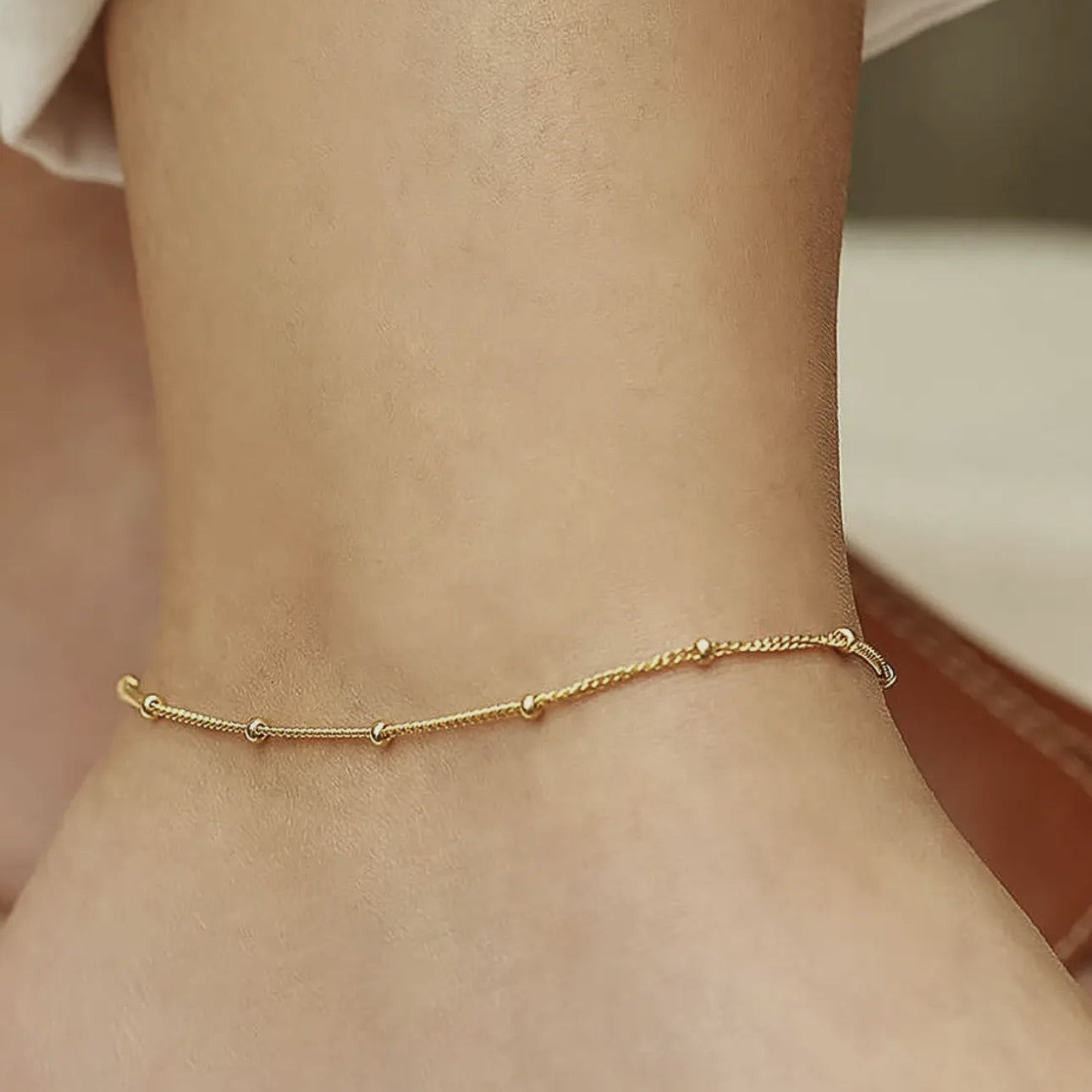 Vivi 18K Gold Non-Tarnish Classic Beaded Chain Anklets | Yellow Gold