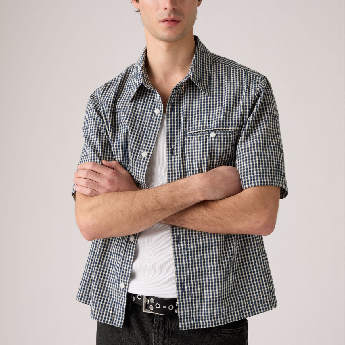 Short-Sleeve Zandt Cropped Shirt | Ian Dobby Plaid — plaid/collar/pocket detail