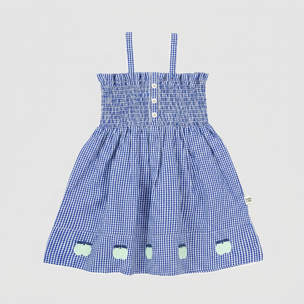 Shirred Gingham Apple Dress flatlay on ebebeb background