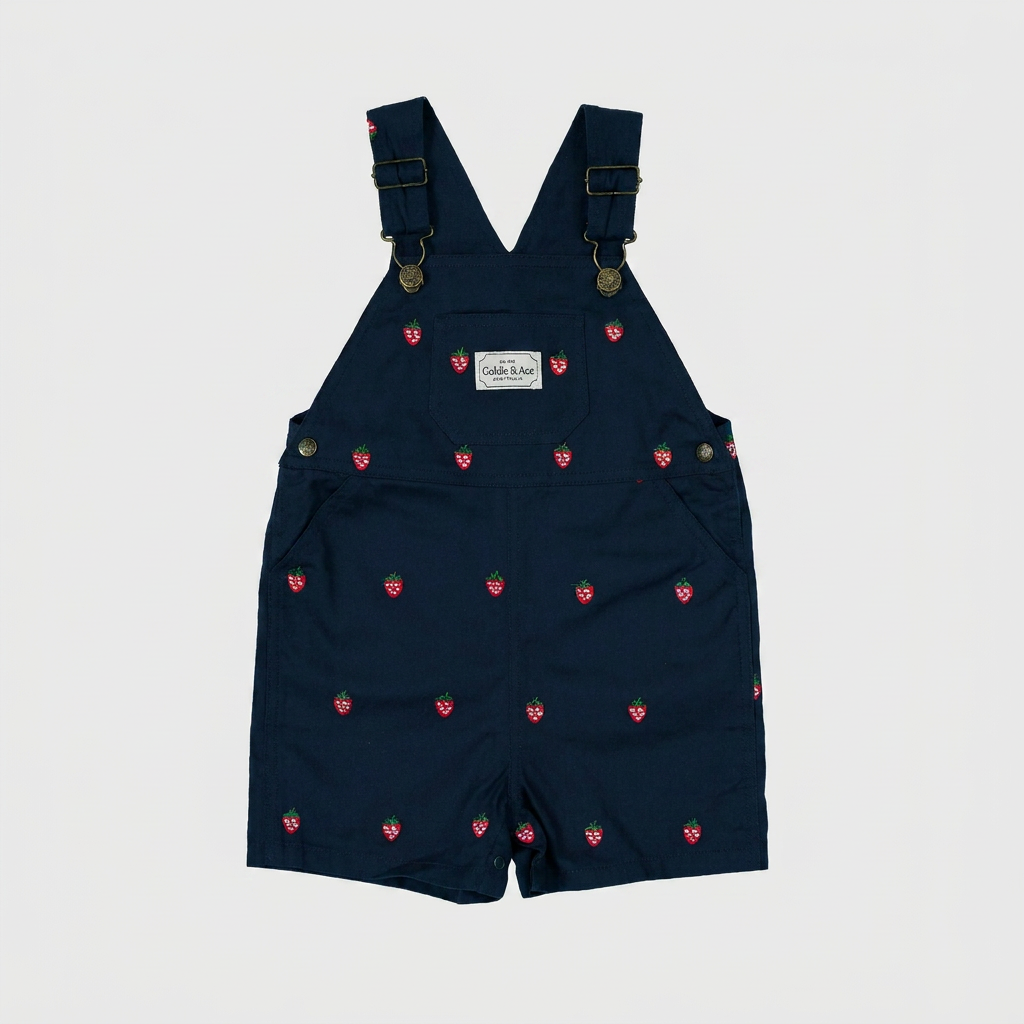 Mini Strawberry Embroidered Burton Overalls flatlay on ebebeb background