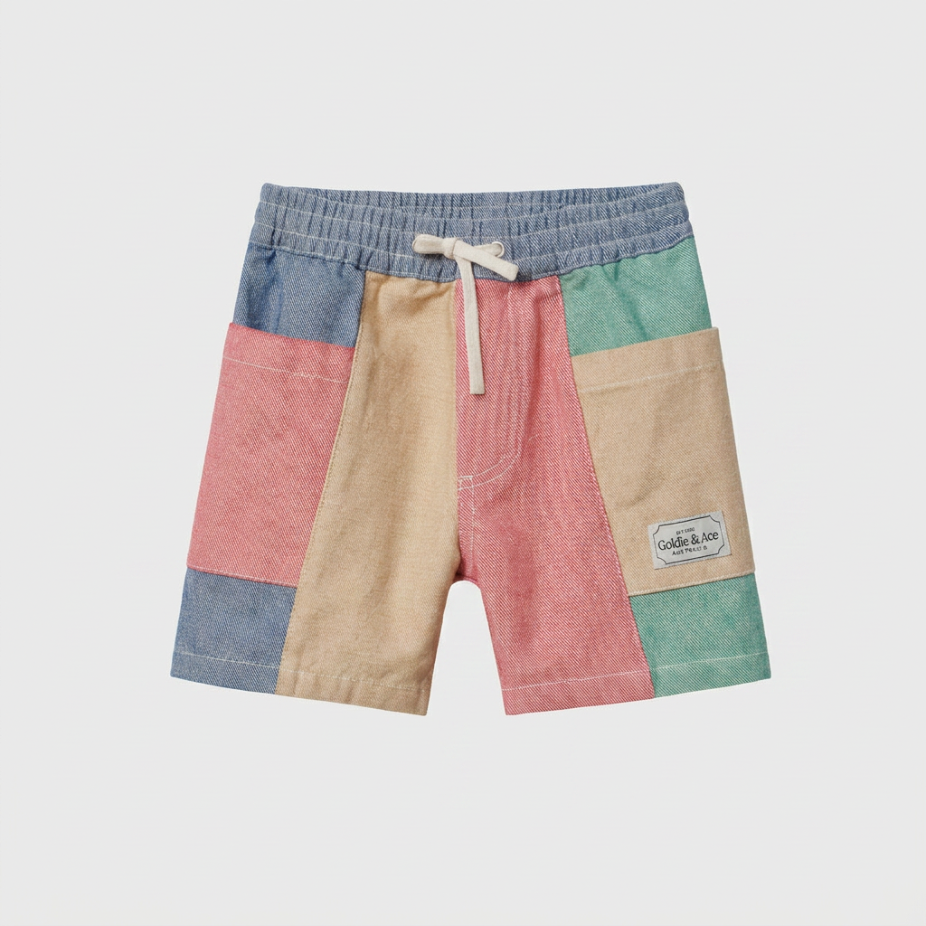 Patchwork Noah Pocket Shorts flatlay on ebebeb background