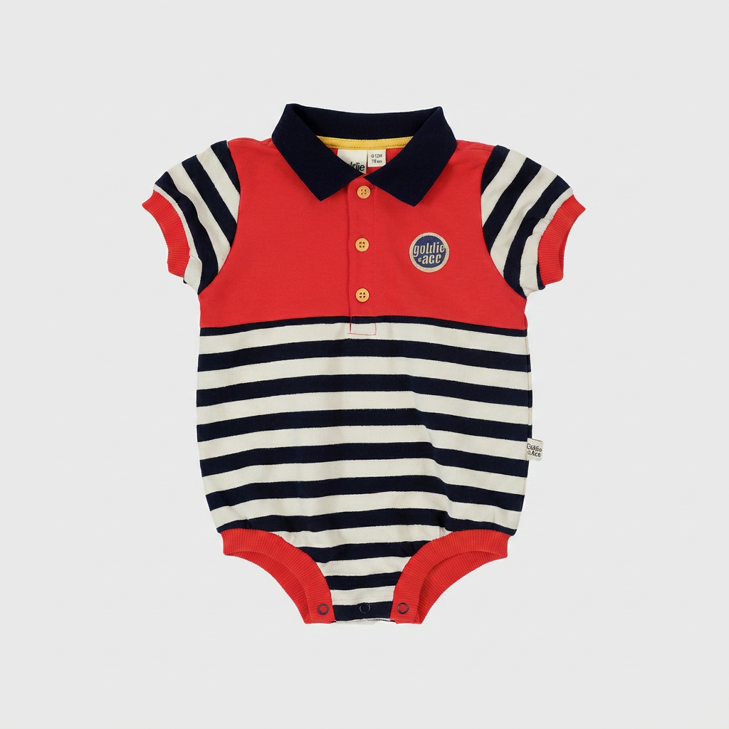 Panelled Stripe Polo Romper flatlay on ebebeb background