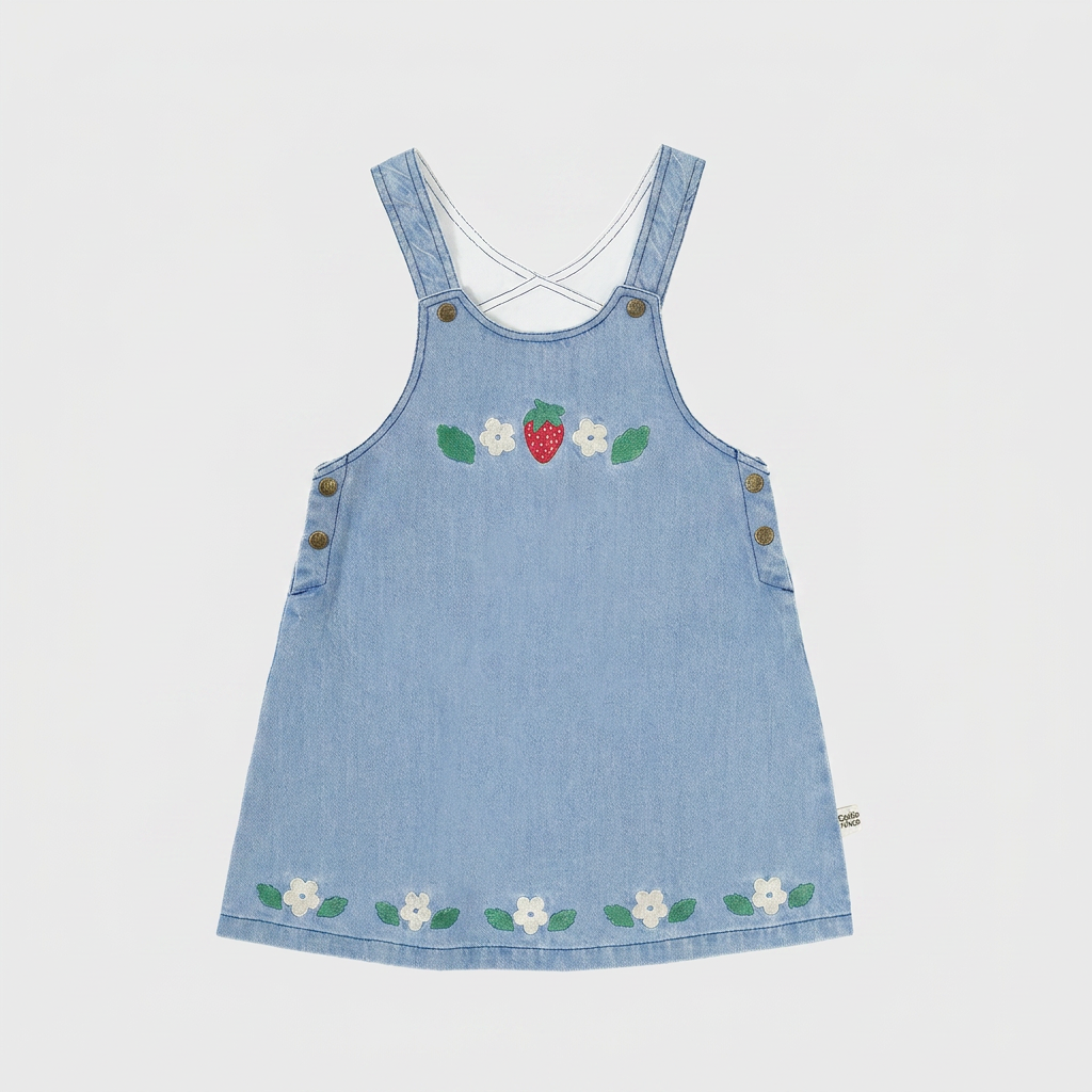 Wild Strawberry Pinafore Dress flatlay on ebebeb background