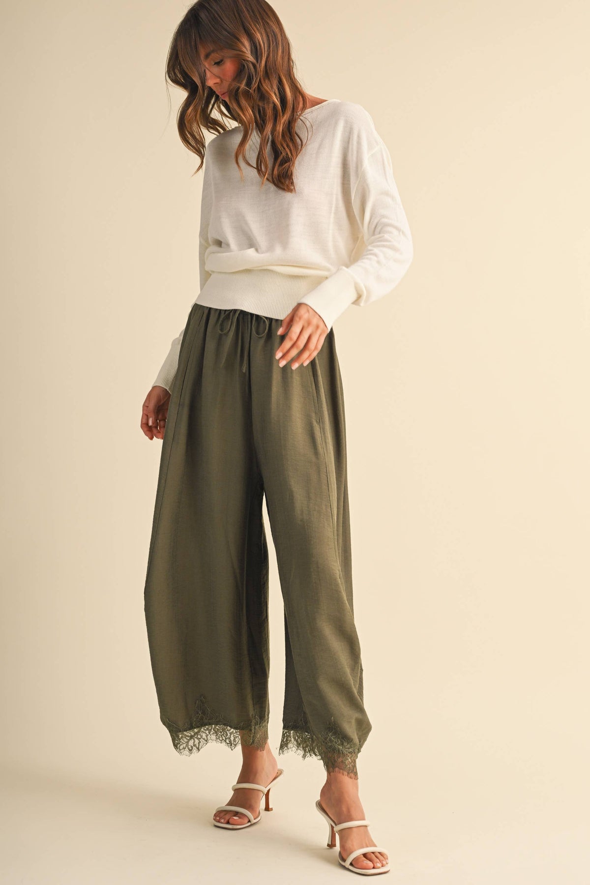 Lace Trim Barrel Pants | Olive