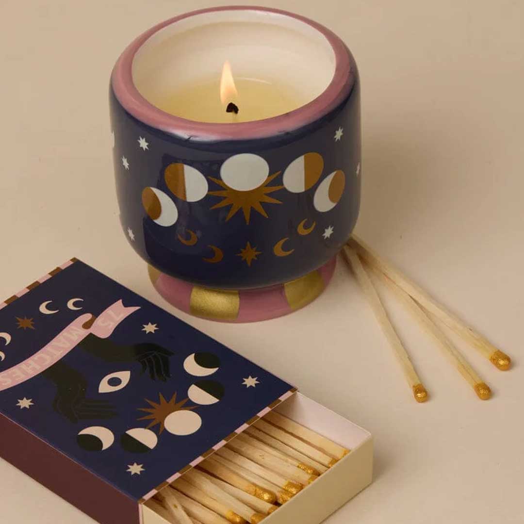 Adopo 8oz Handpainted "Moon Phases" Ceramic Candle | Jasmine & Rose