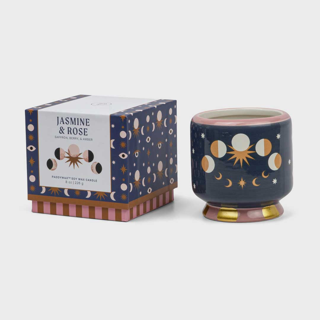 Adopo 8oz Handpainted "Moon Phases" Ceramic Candle | Jasmine & Rose