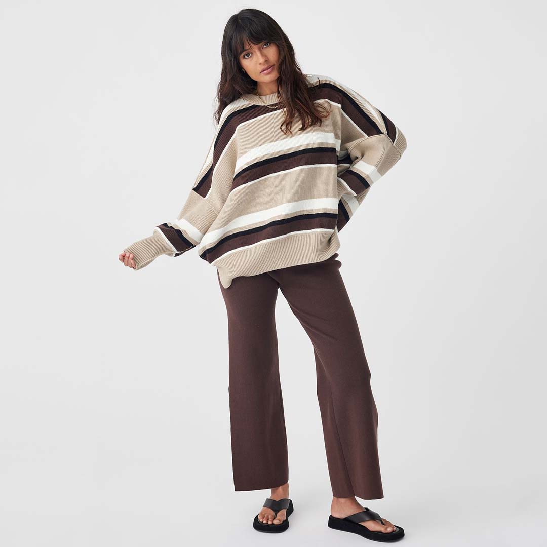 HARPER STRIPE ORGANIC KNIT SWEATER | TAUPE / CHOCOLATE