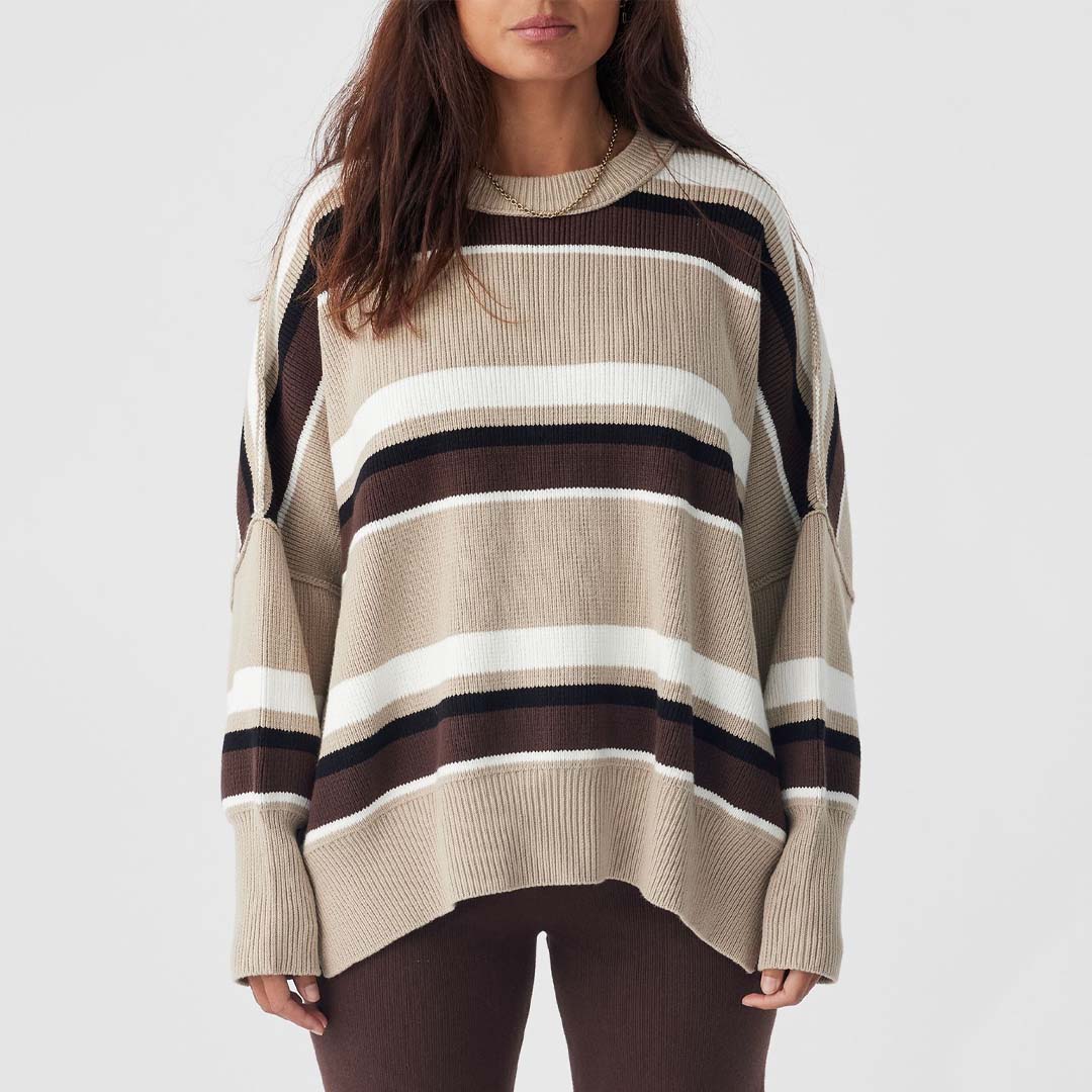 HARPER STRIPE ORGANIC KNIT SWEATER | TAUPE / CHOCOLATE