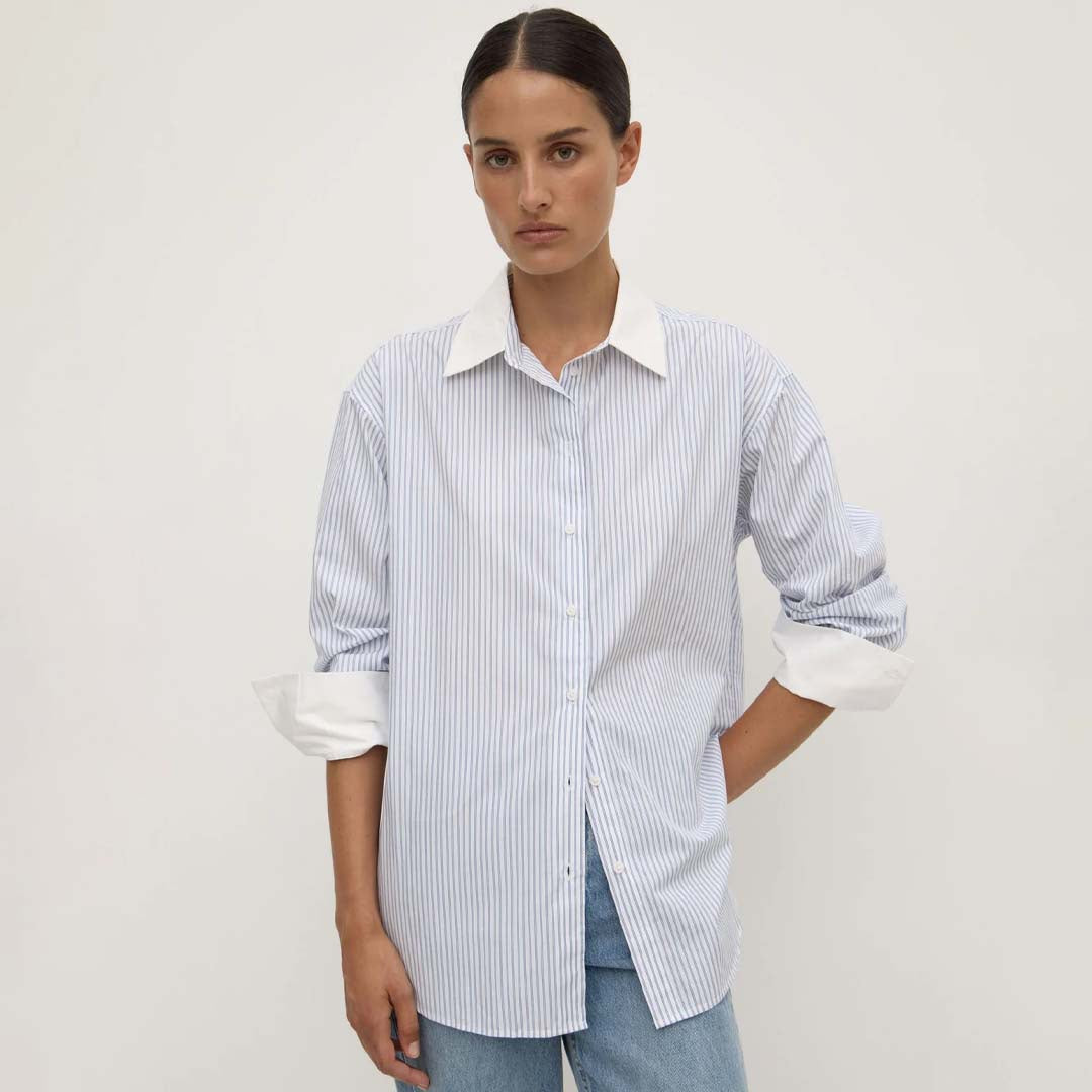 ALEC POPLIN STRIPE SHIRT | BLUE WHITE STRIPE