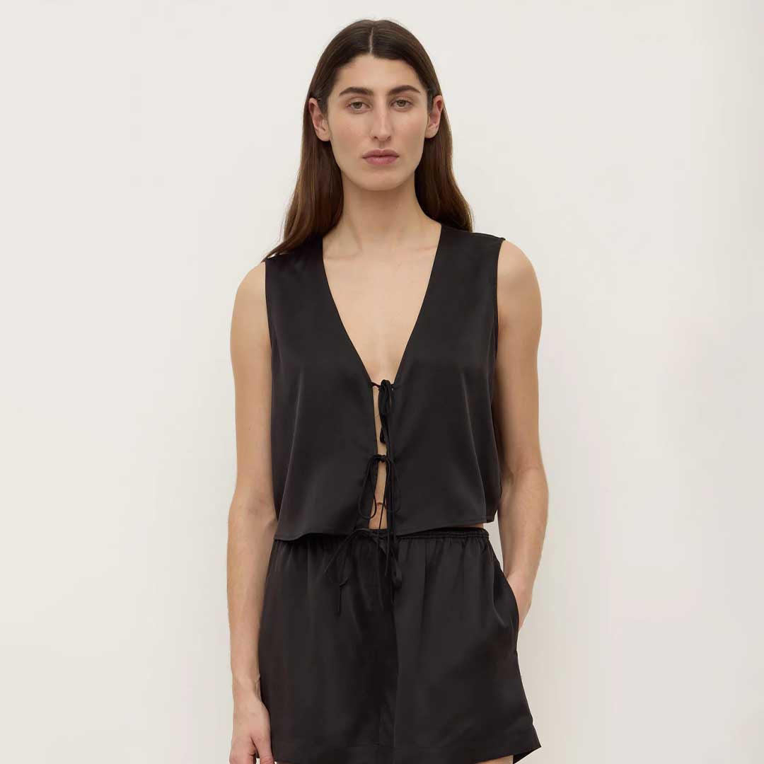 Beal Silk Tie Front Top | Black
