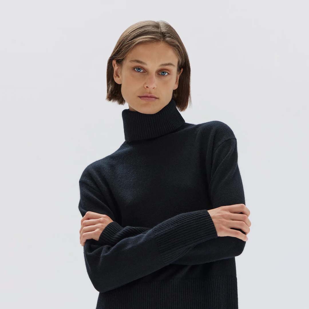 LEANNA CASHMERE ROLL NECK KNIT | BLACK