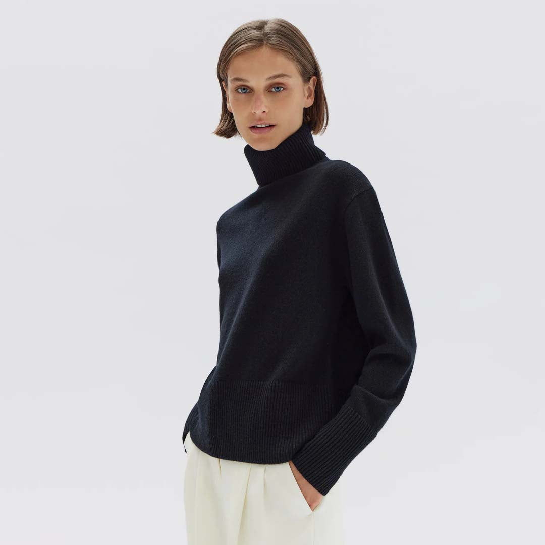 LEANNA CASHMERE ROLL NECK KNIT | BLACK