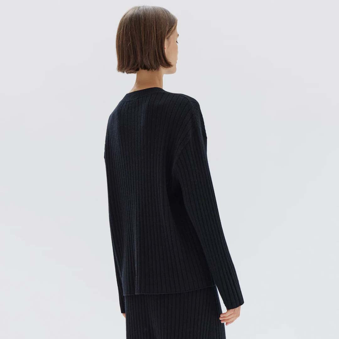 WOOL CASHMERE RIB LONG SLEEVE TOP | BLACK