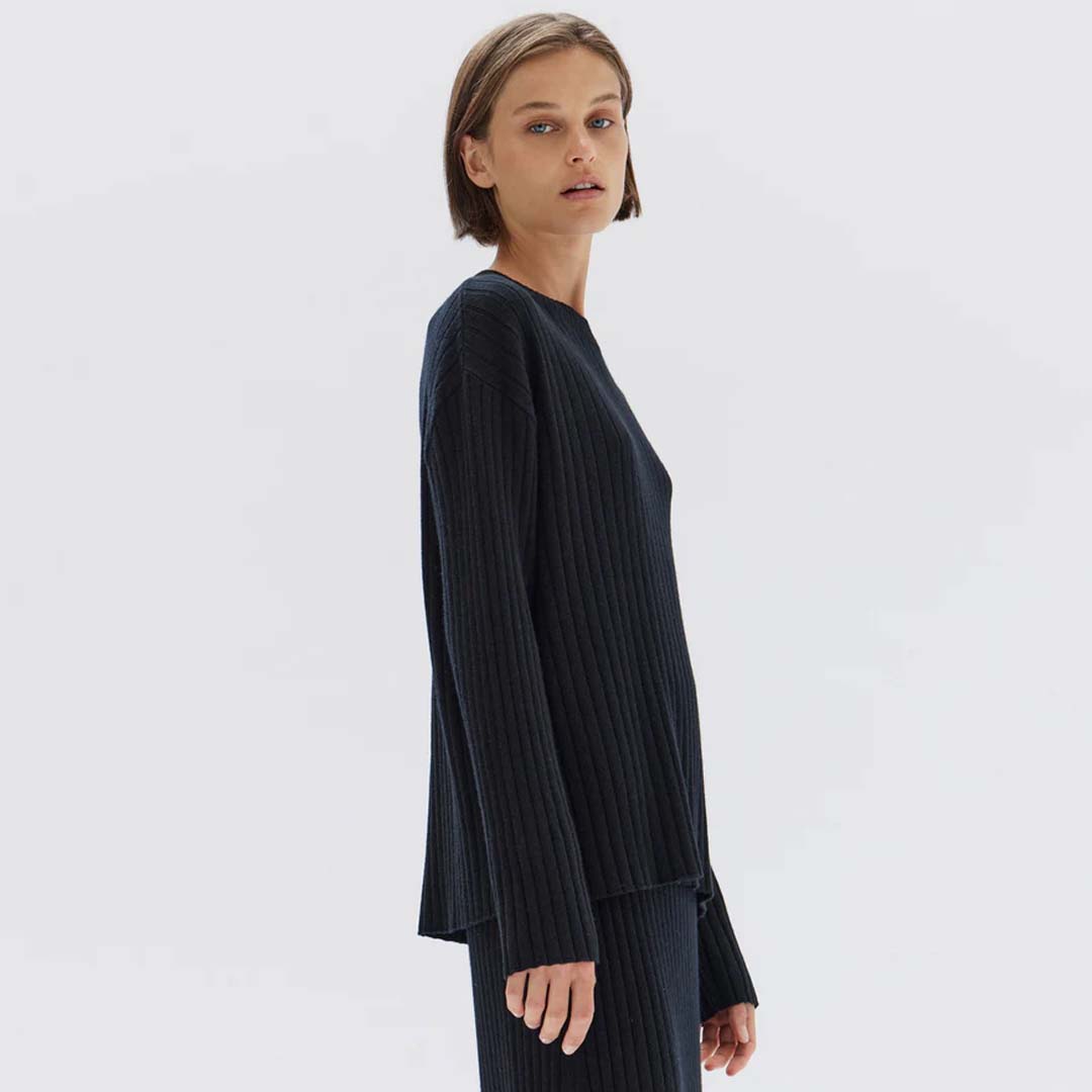 WOOL CASHMERE RIB LONG SLEEVE TOP | BLACK