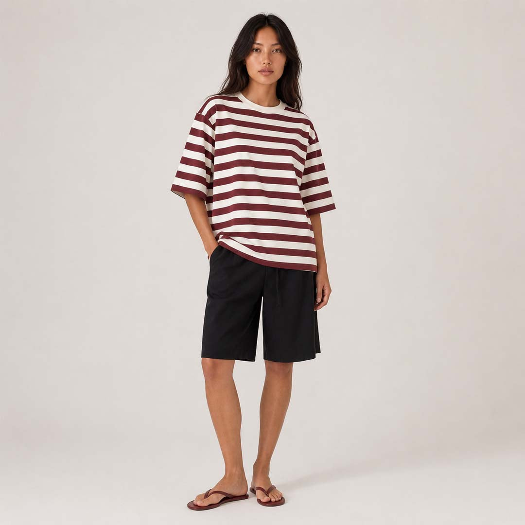 Arla Cotton Stripe Tee | Dark Raisin Cream Stripe
