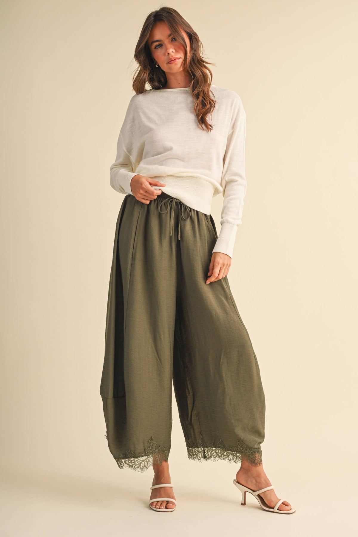 Lace Trim Barrel Pants | Olive