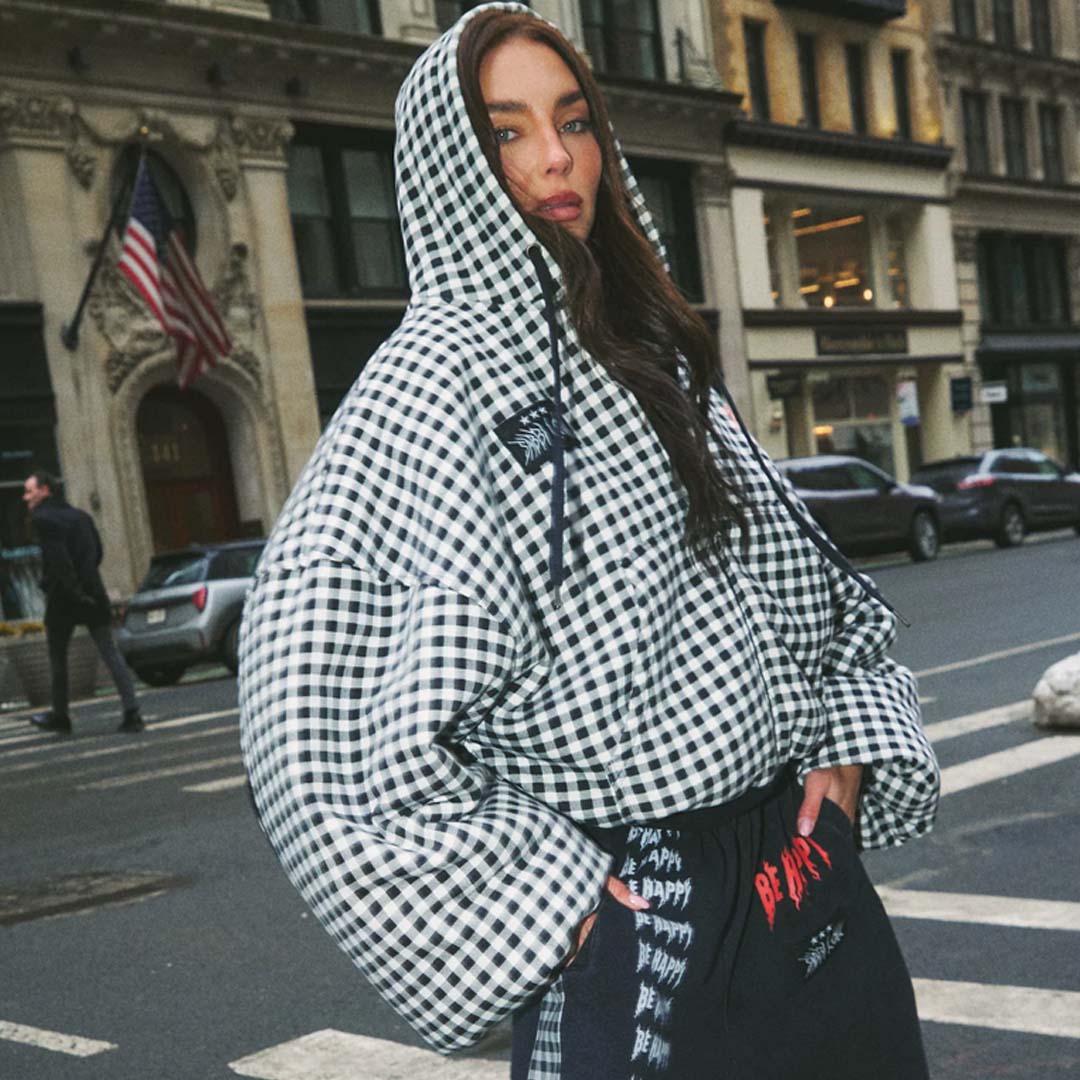 Be Happy Padded Bomber | Gingham