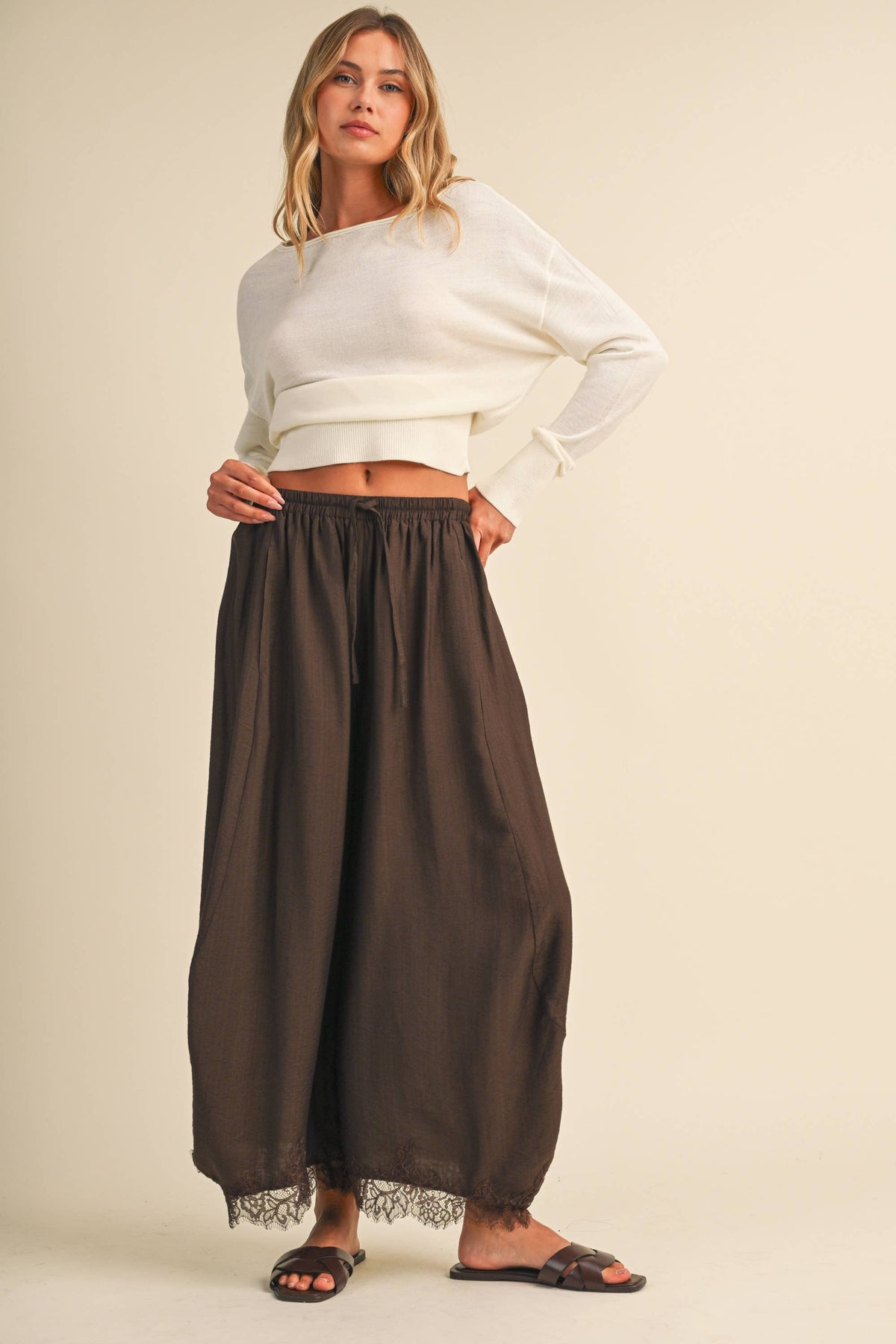 Lace Trim Barrel Pants | Dark Brown