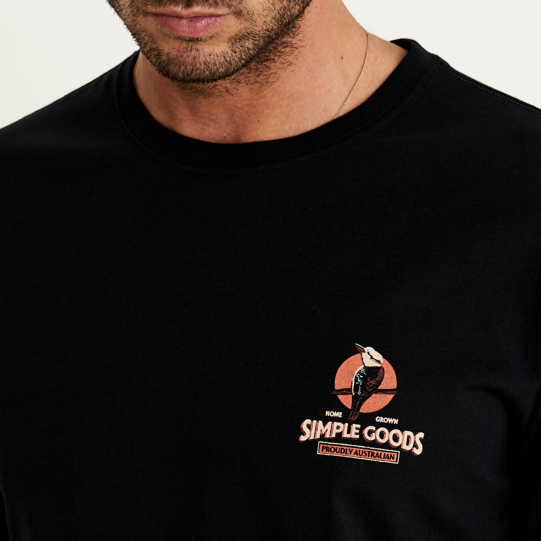 Reginald Print Kookaburra Tee | Black — garment detail