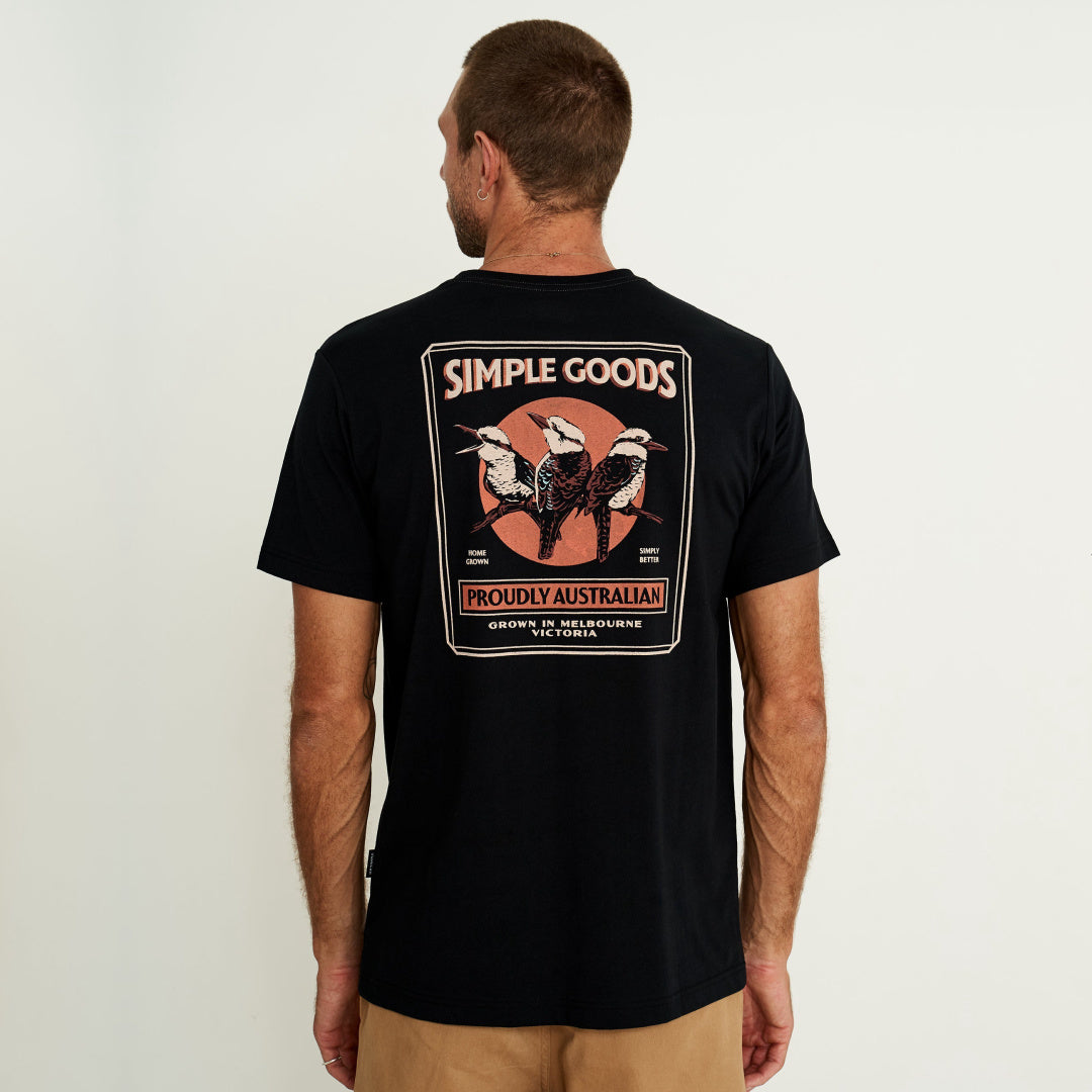 Reginald Print Kookaburra Tee | Black — model view with original scene
