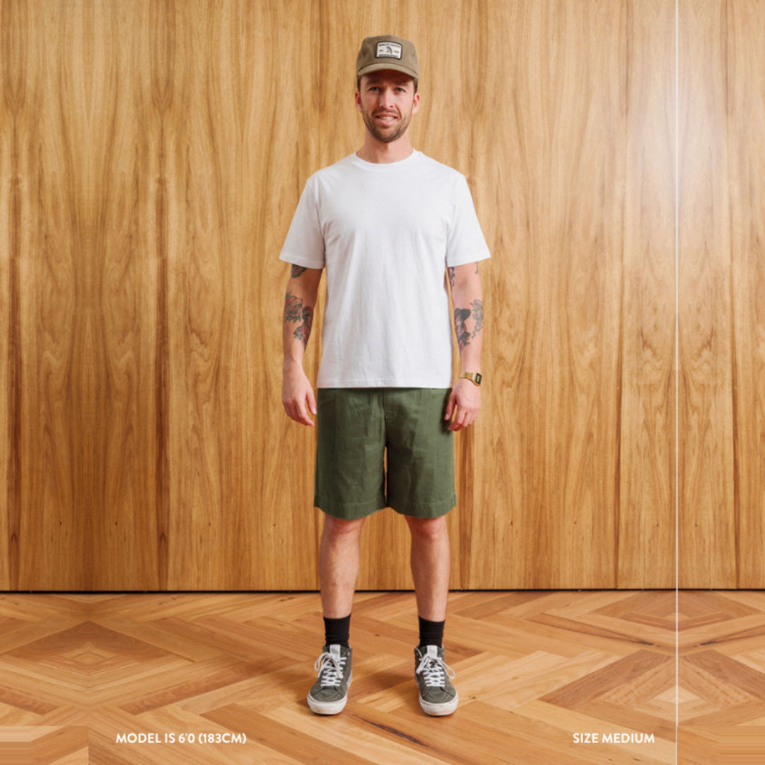 Chad Elastic Waist Relaxed Short | Fatigue — model view with original scene
