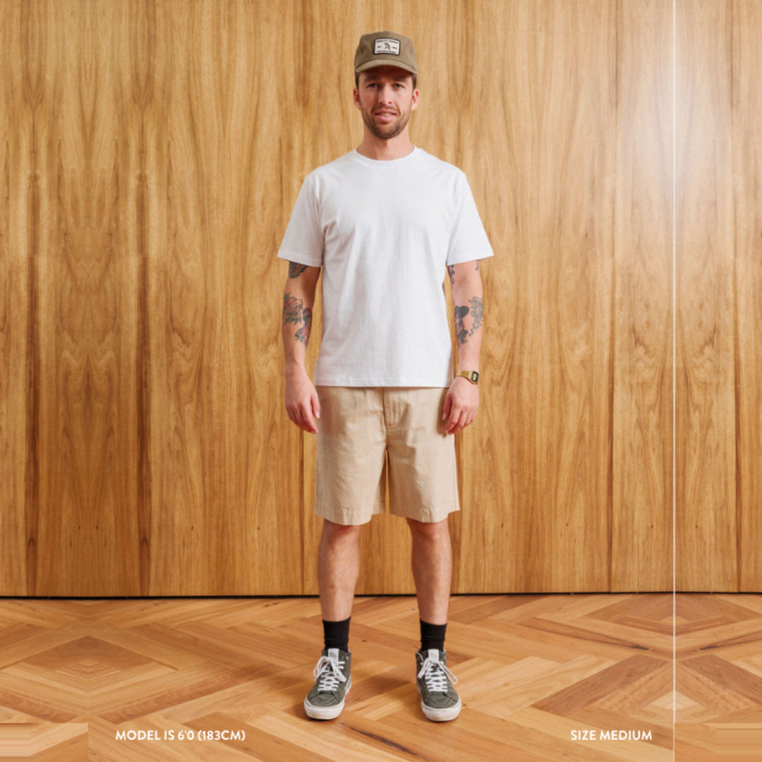 Chad Elastic Waist Relaxed Short | Vintage Stone — model view with original scene