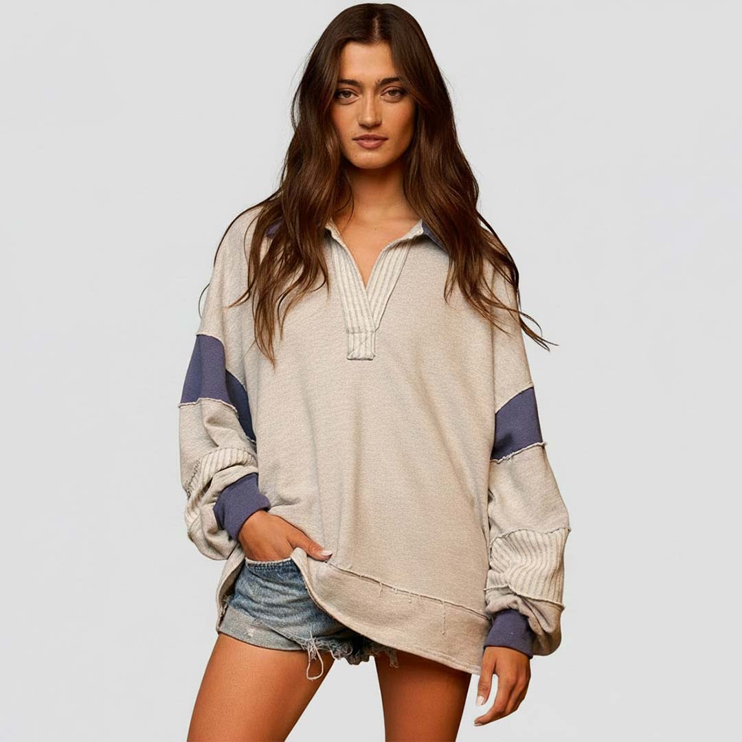 Color-Block Collared Loose Fit Top | Grey Marle Navy