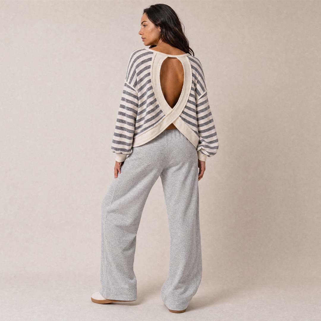 Overlap Open Back Oversized Reverse Stitched Top | Black Ivory Stripe