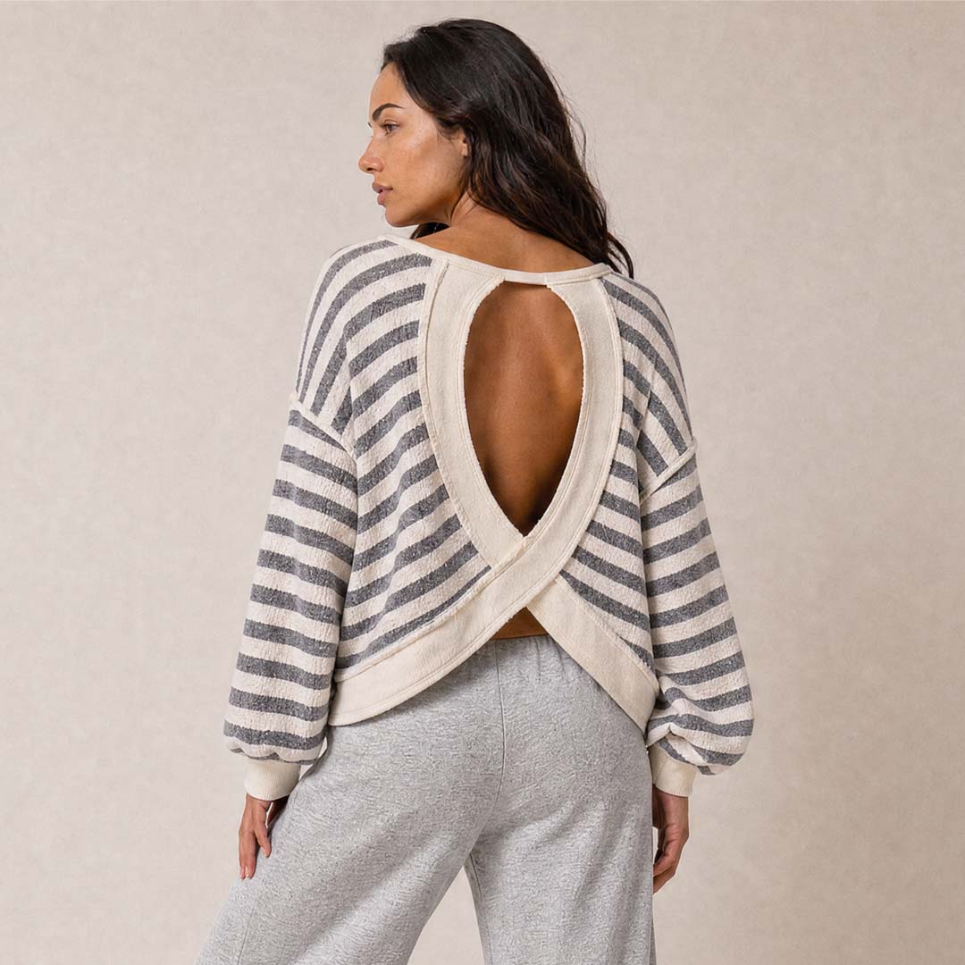 Overlap Open Back Oversized Reverse Stitched Top | Black Ivory Stripe