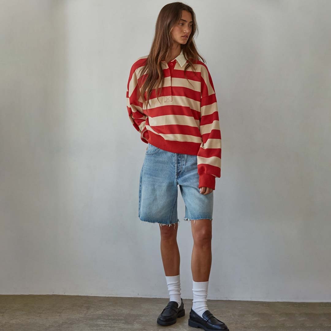 Half Button Up Rugby Top | Taupe Red