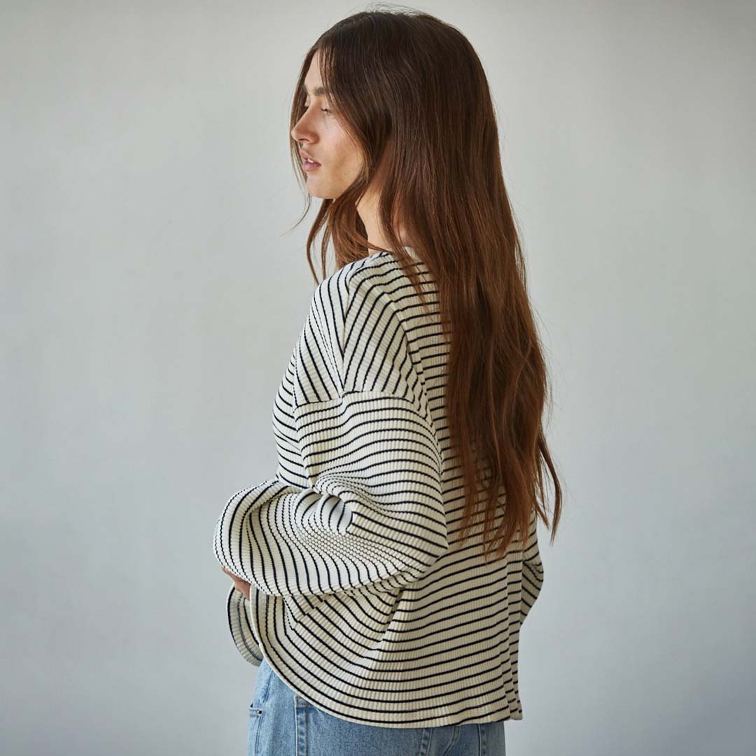 Ribbed Crew Neck Top | Cream Black