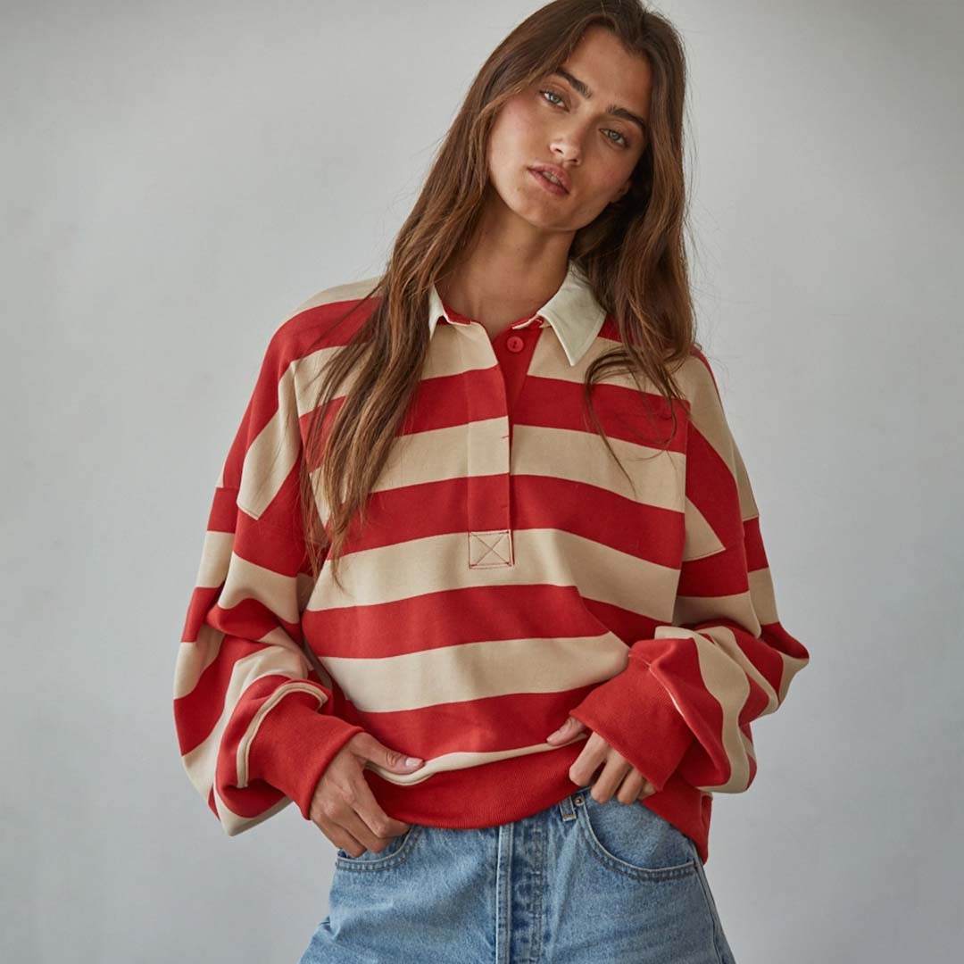 Half Button Up Rugby Top | Taupe Red