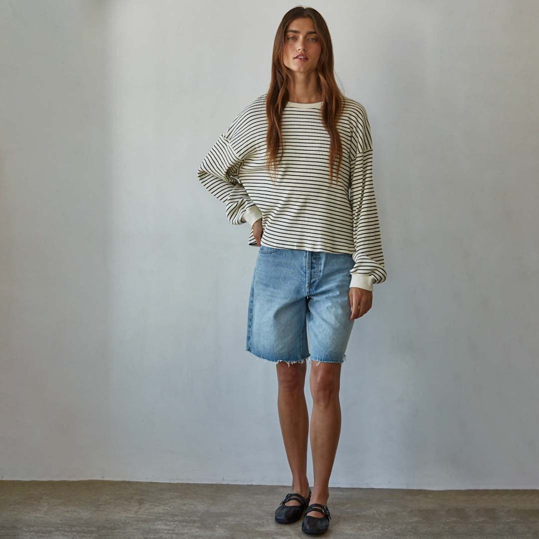 Ribbed Crew Neck Top | Cream Black