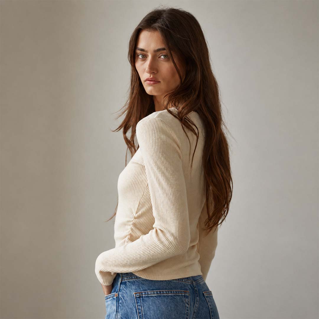 Ribbed Side Ruching Knit | Cream