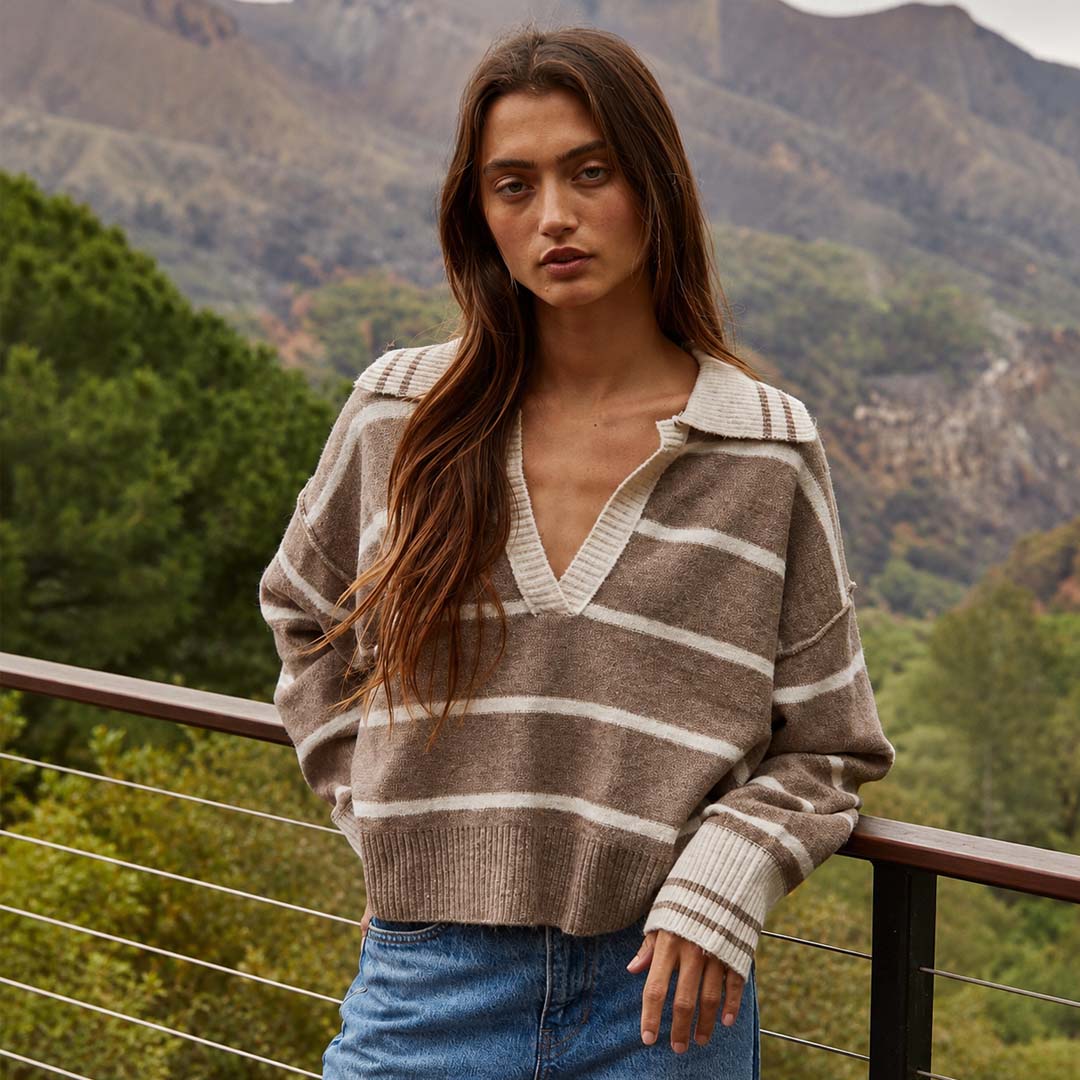 Striped Collar V-Neck Knit Sweater | Mocha Oatmeal