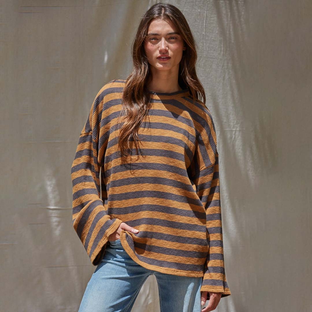Ribbed Striped Knit Pullover | Camel Charcoal