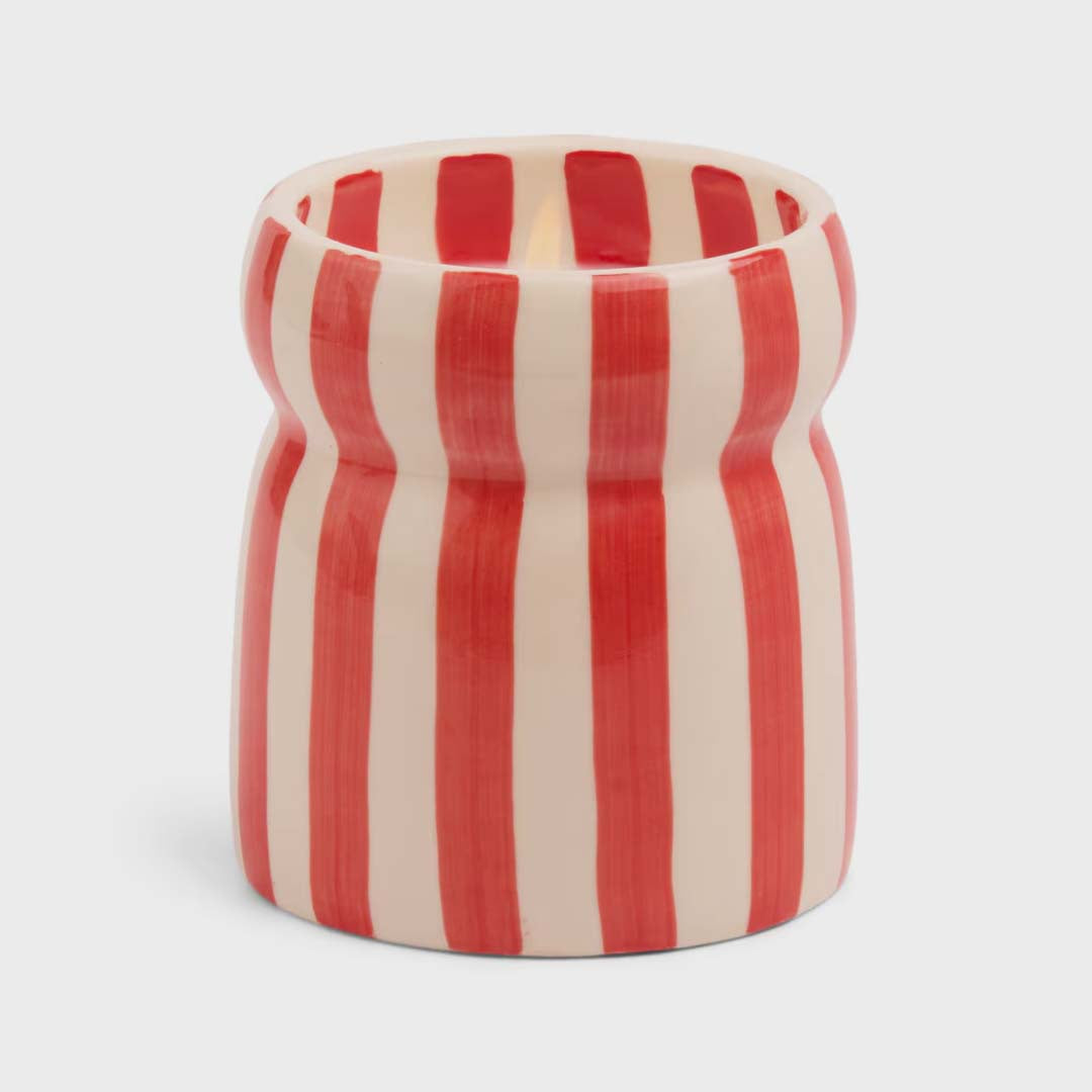 CABANA 6.5oz RED STRIPPED CERAMIC CANDLE | HIBISCUS BAY