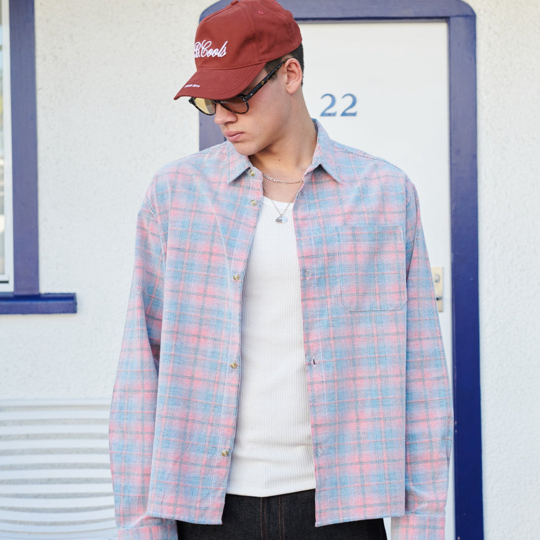 B.Cools Cabin Shirt in pink cord plaid, front
