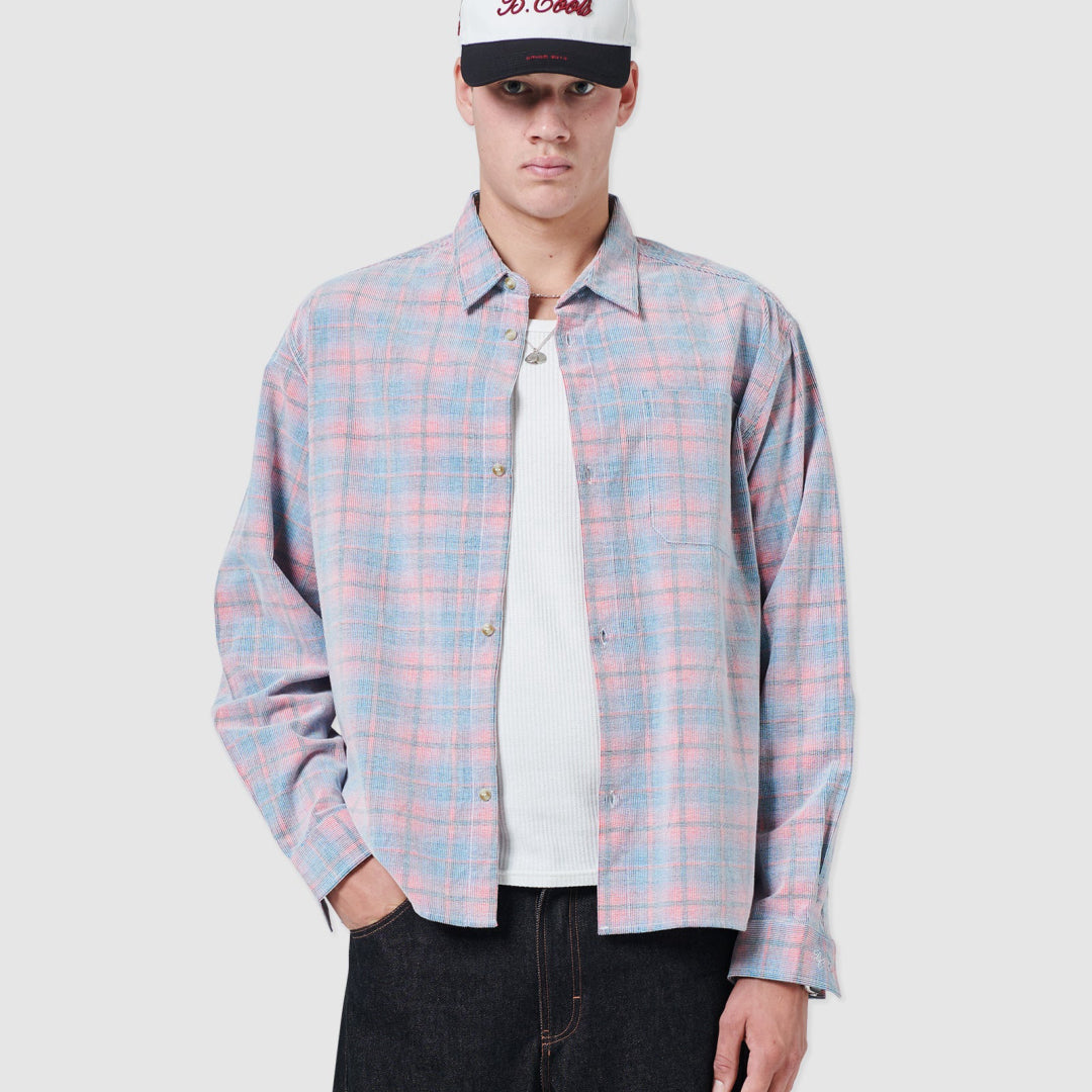 B.Cools Cabin Shirt in pink cord plaid, worn front
