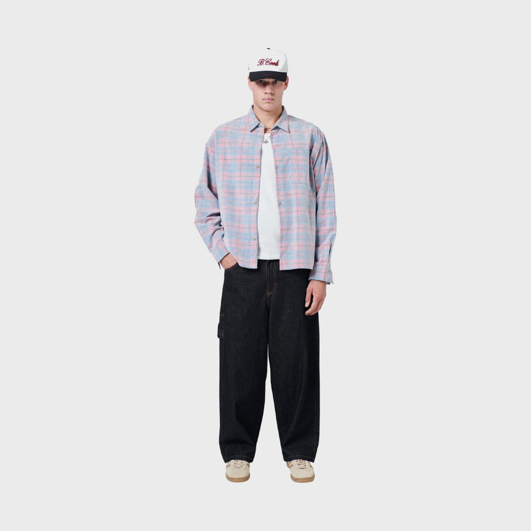 B.Cools Cabin Shirt in pink cord plaid, chest pocket