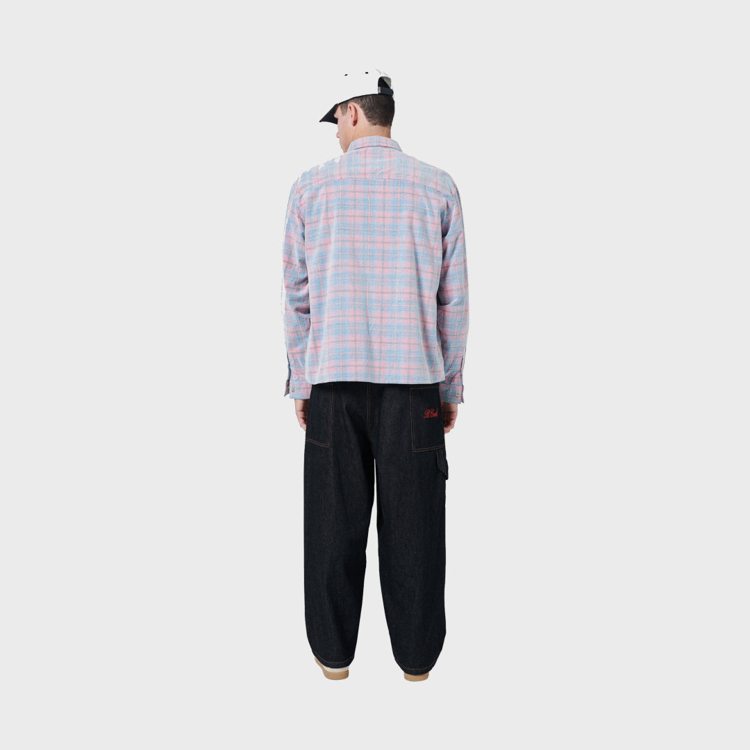 B.Cools Cabin Shirt in pink cord plaid, worn detail