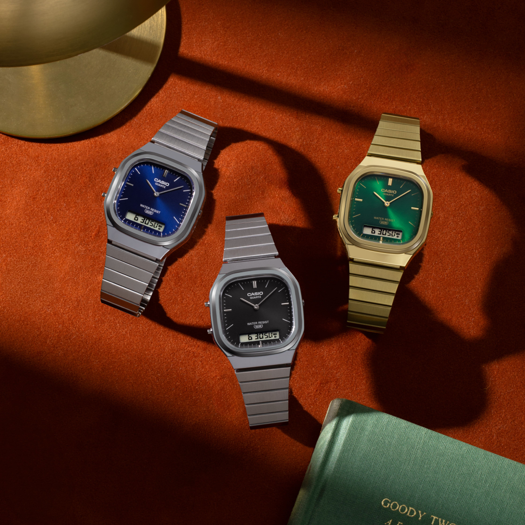 Casio AQ240 Silver and Black official group lifestyle composition