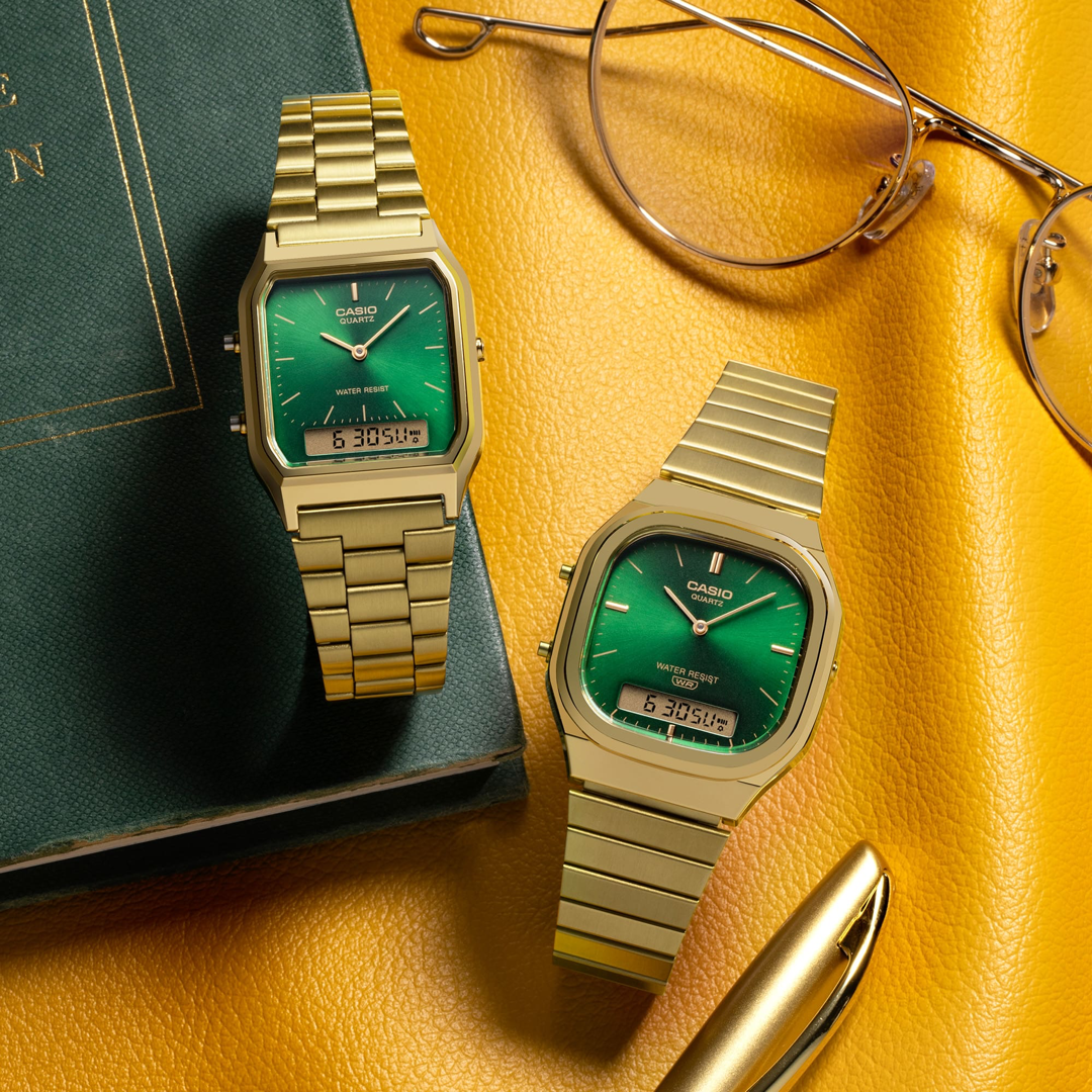 Casio AQ240 Gold and Green official lifestyle composition