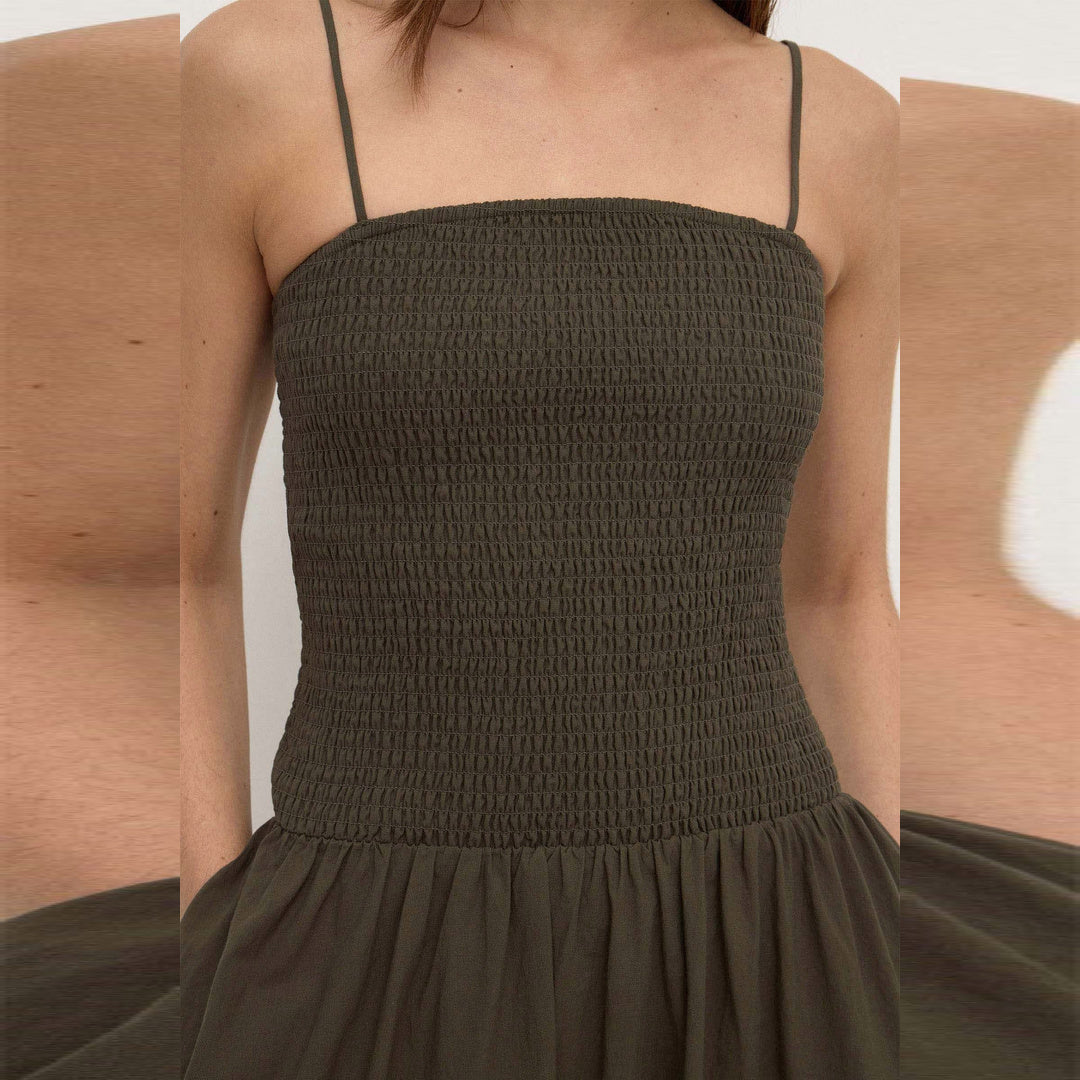 Assembly Label Connie Cotton Shirred Dress in Dark Military