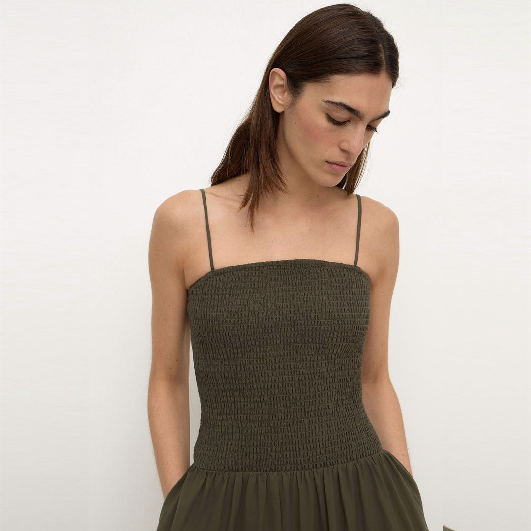 Assembly Label Connie Cotton Shirred Dress in Dark Military